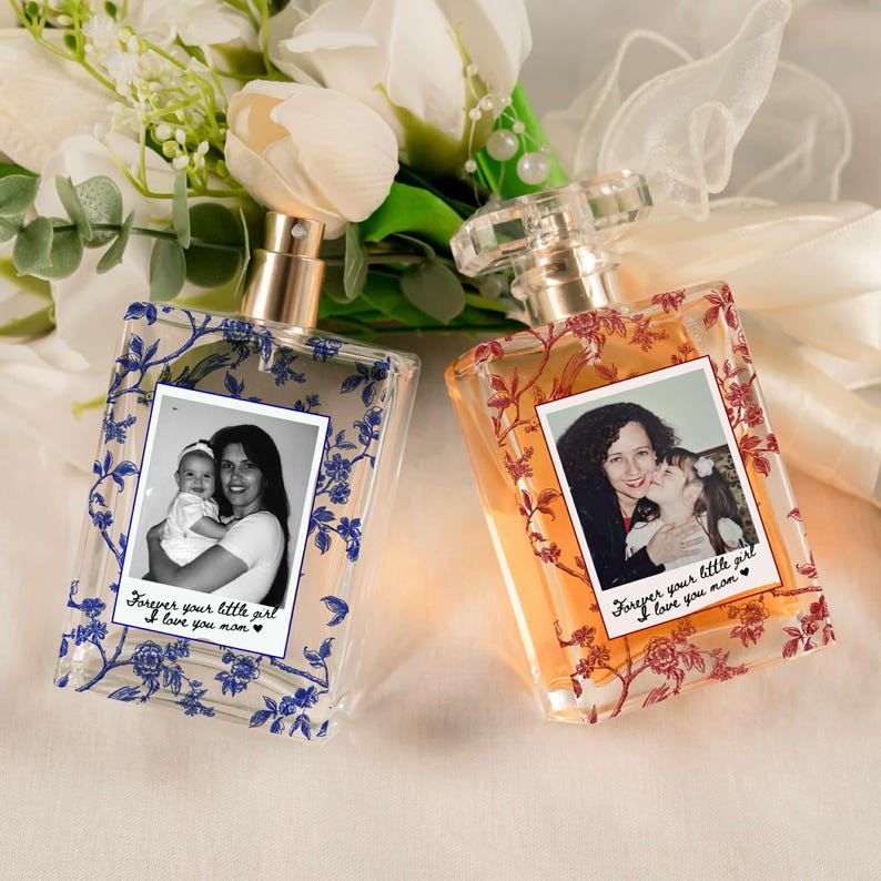 Customized wedding gift from bride to mom, featuring a cherished photo on a luxury perfume bottle.