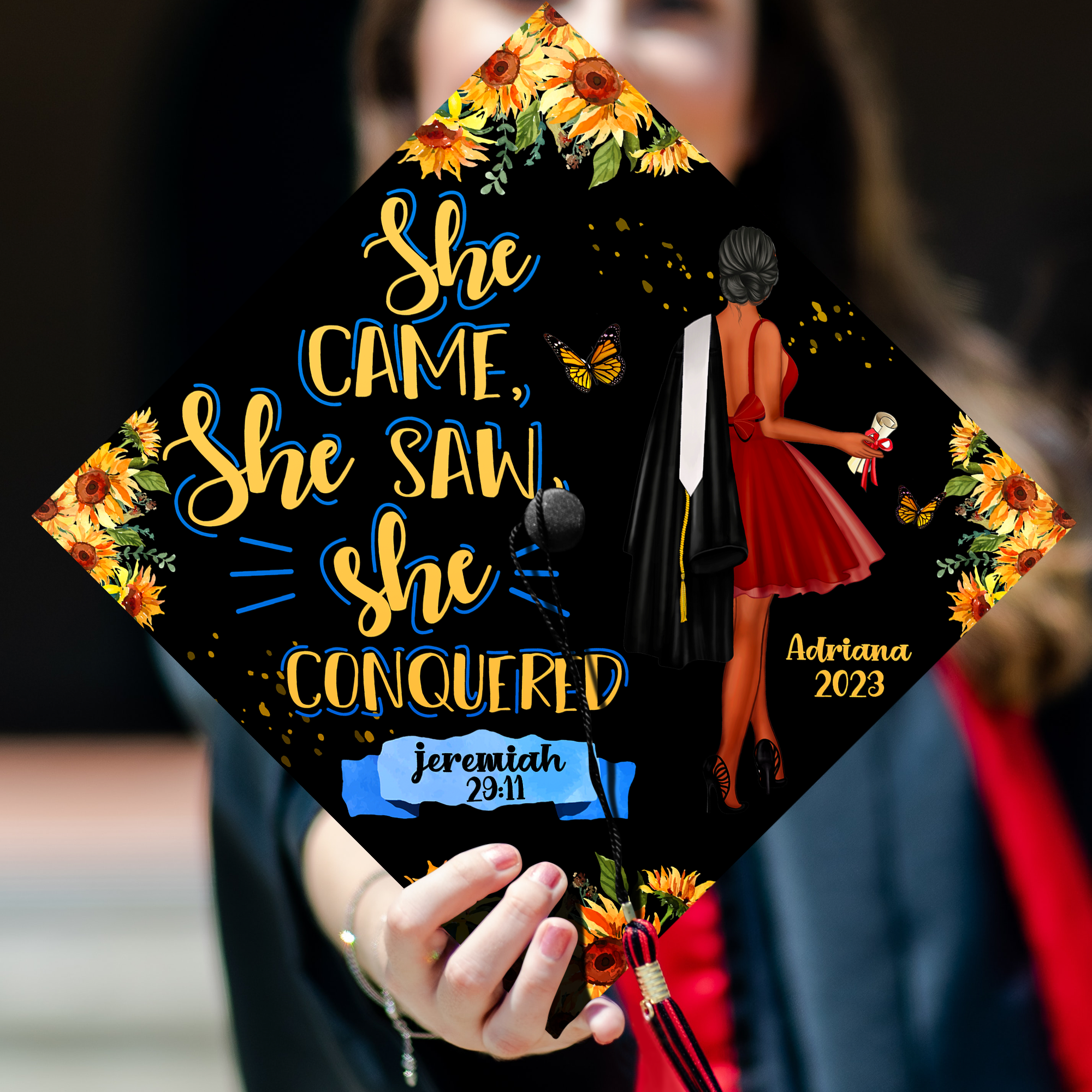 She Came, She Saw, She Conquered Graduation Cap Topper
