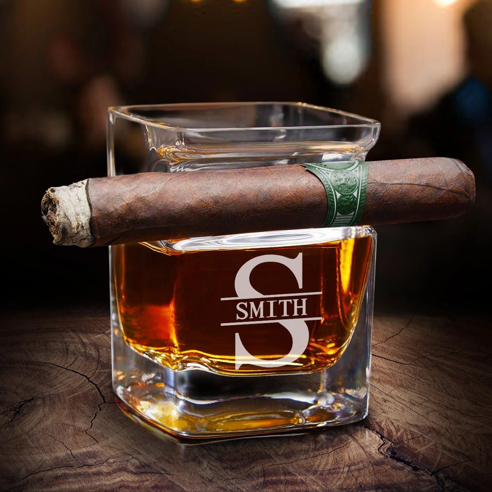 Engraved Personalized Whiskey Glass with Cigar Holder