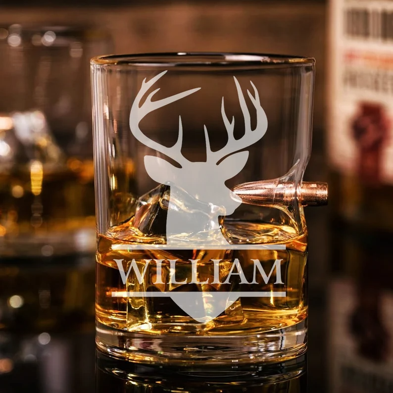 Personalized Hunting Whiskey Glass With Bullet