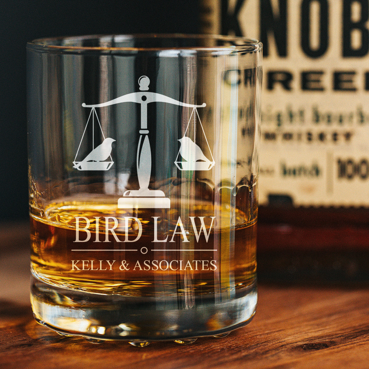 Engraved Bird Law Kelly & Associates Whiskey Glass