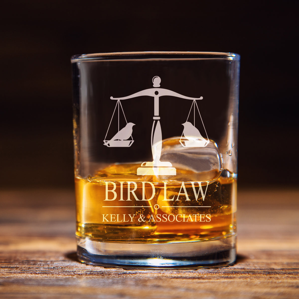 Engraved Bird Law Kelly & Associates Whiskey Glass