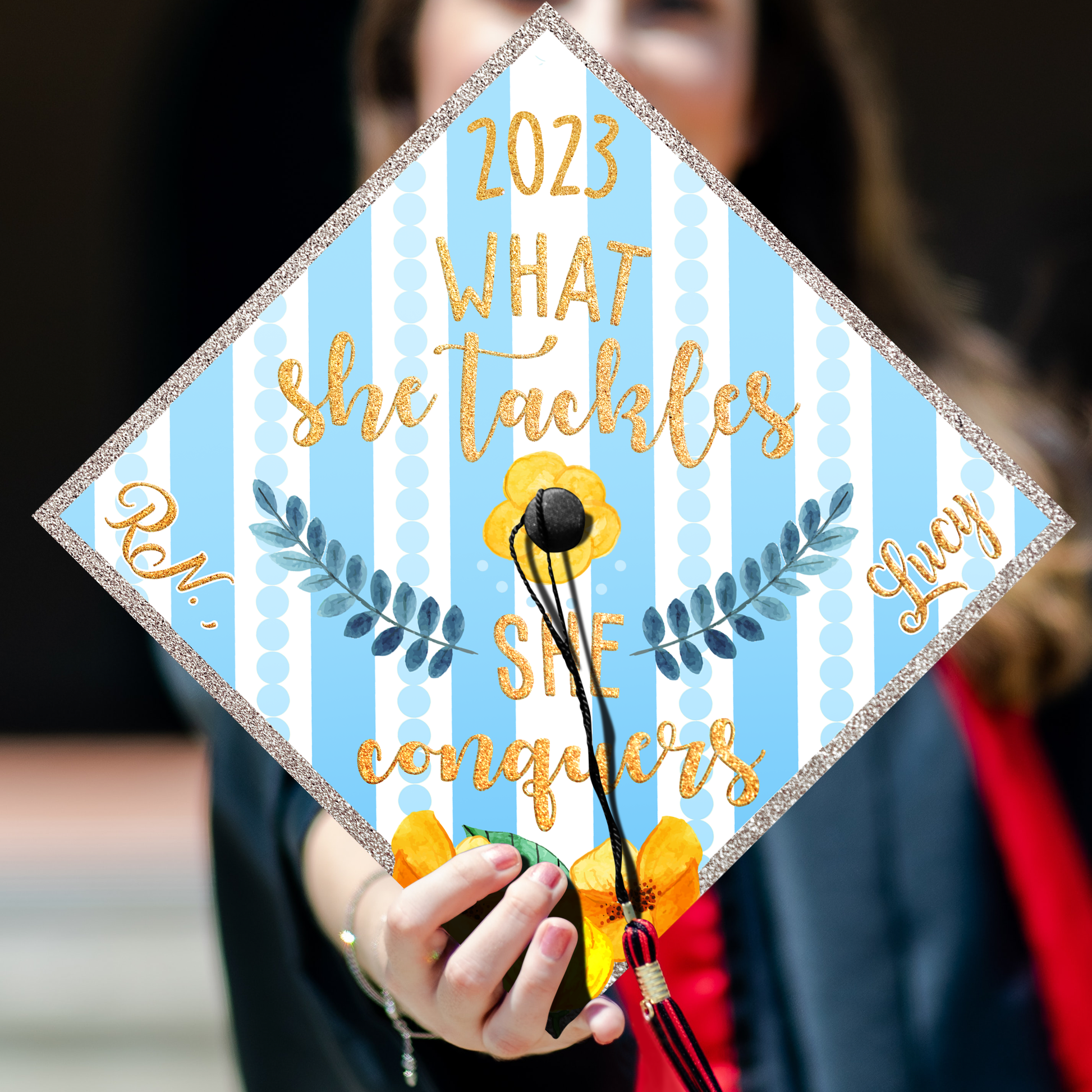What She Tackles She Conquers Graduation Cap Topper