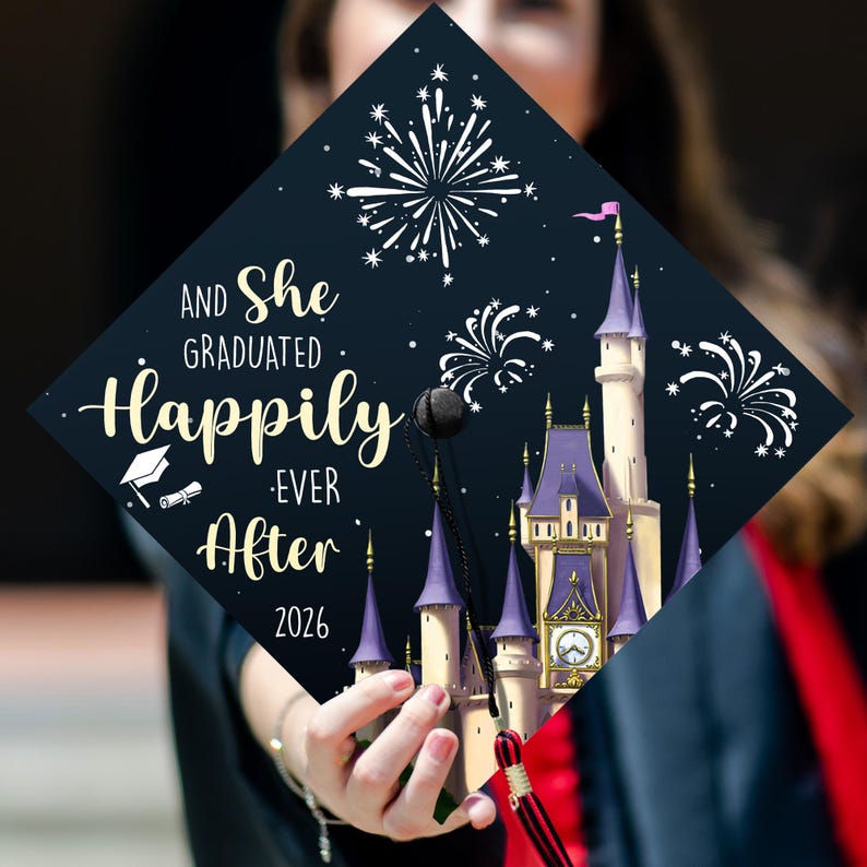 And She Graduated Happily Ever After Graduation Cap Topper for the Class of 2026, a perfect personalized graduation gift.