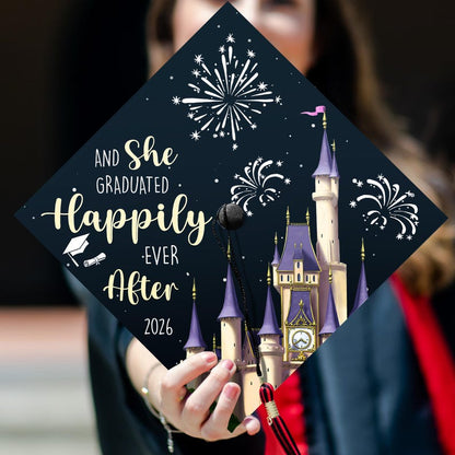 And She Graduated Happily Ever After Graduation Cap Topper for the Class of 2026, a perfect personalized graduation gift.
