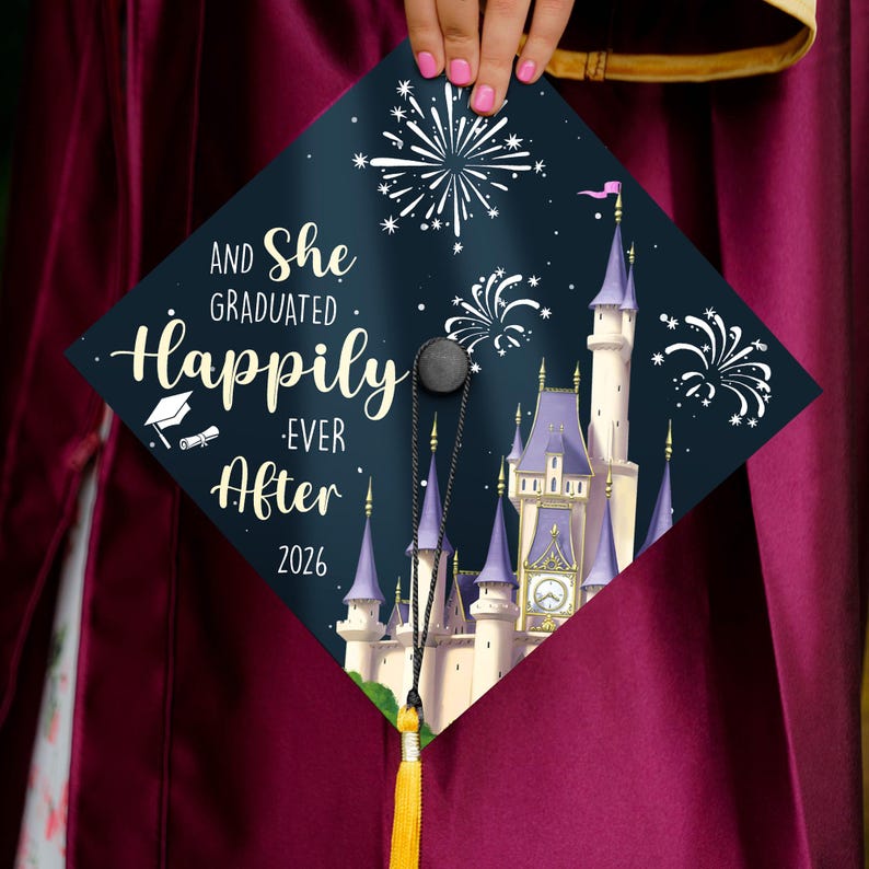 This Disney grad cap topper features a fairytale-inspired design, making it a unique piece of grad cap decorations.