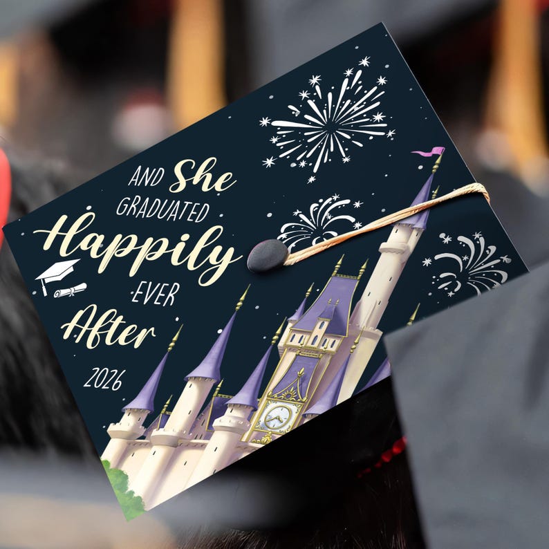 A high-quality graduation hat topper with 'And She Graduated Happily Ever After' text, ideal for graduation hat toppers.
