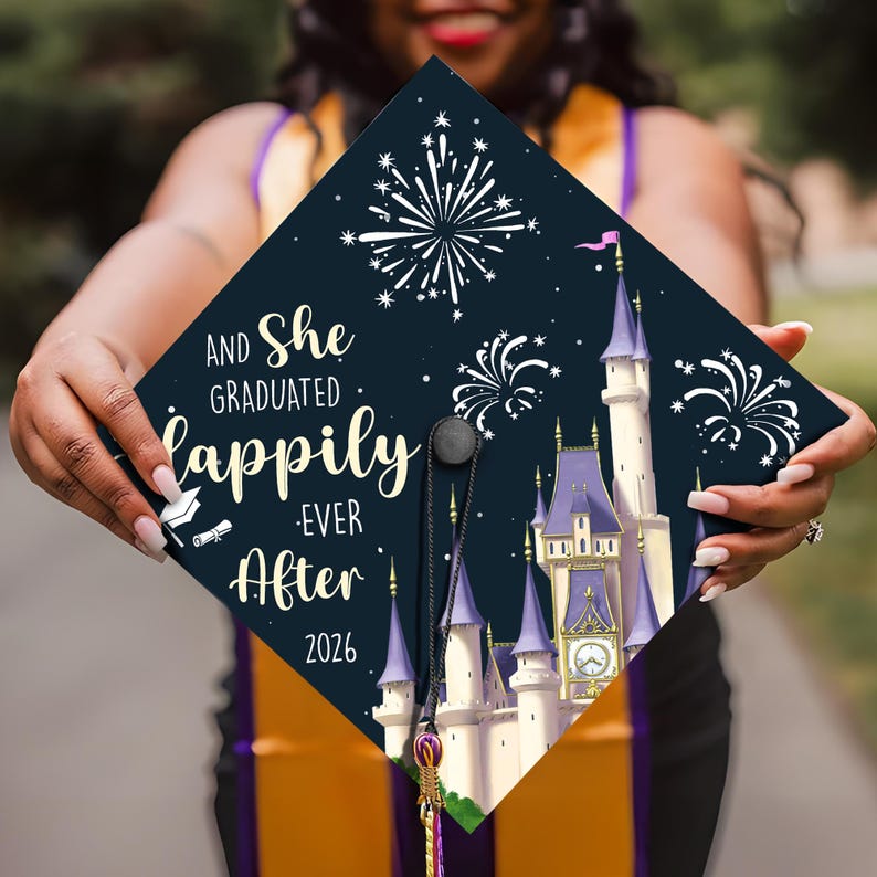 The perfect customized graduation gift, this Disney-style grad topper is a must-have for the Class of 2026 graduate.