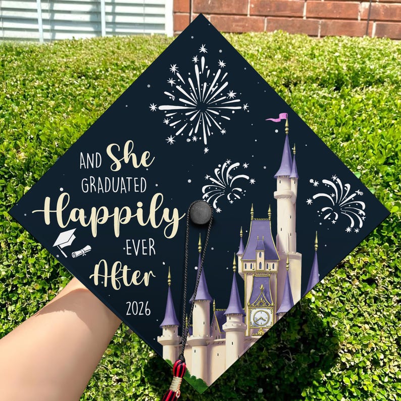 Elegant grad cap decorations featuring a 'Happily Ever After' theme, serving as a beautiful graduation cap decoration.