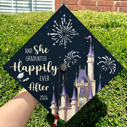 Elegant grad cap decorations featuring a 'Happily Ever After' theme, serving as a beautiful graduation cap decoration.