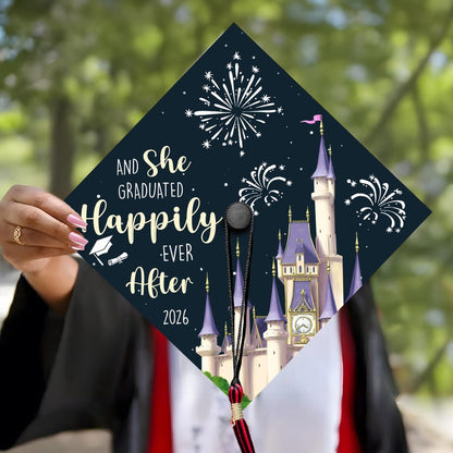Customized Happily Ever After graduation cap topper, helping you celebrate your milestones for the Class of 2026.
