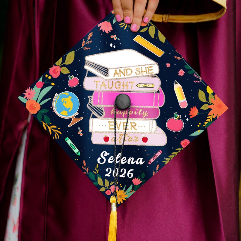 This teacher graduation cap topper features a fairytale-inspired design, making it a unique piece of grad cap decorations.