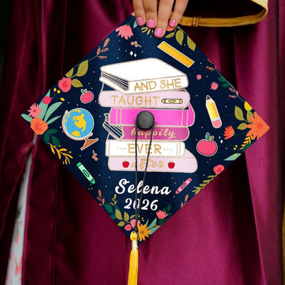 This teacher graduation cap topper features a fairytale-inspired design, making it a unique piece of grad cap decorations.