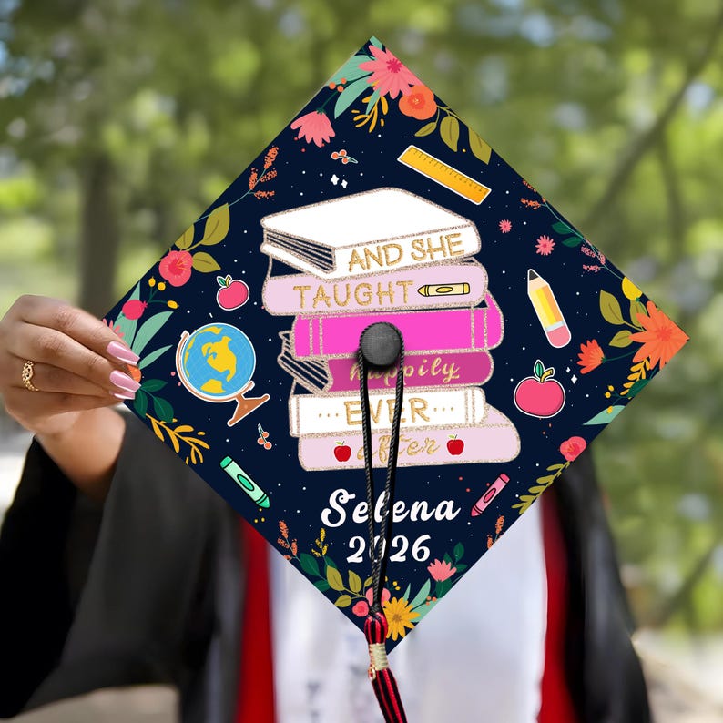 Elegant teacher-themed grad cap decorations, serving as a beautiful and inspiring graduation cap decoration.