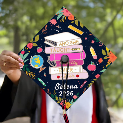 Elegant teacher-themed grad cap decorations, serving as a beautiful and inspiring graduation cap decoration.