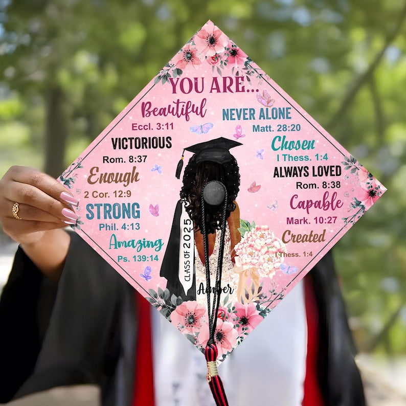 A beautiful Bible verse graduation cap topper, serving as a meaningful and spiritual graduation hat topper.
