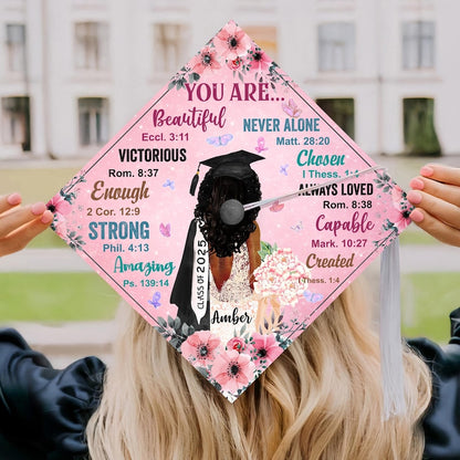 High-quality grad cap decorations featuring a Black Queen and Bible verse, ideal for making a statement.