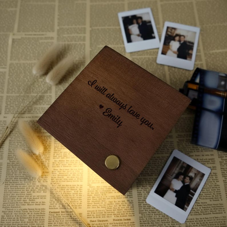 The perfect Valentine's flip book, this Personalized Couple Photo Wooden Flipbook with Light features a custom photo design.