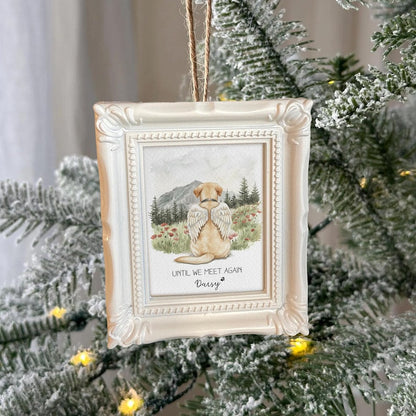 A Personalized Dog Memorial Christmas Ornament, a touching dog memorial gift and beautiful watercolor Christmas ornament.