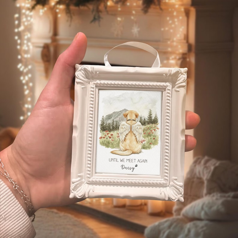 A beautiful dog mom gift, the Personalized Dog Memorial Christmas Ornament is a custom watercolor Christmas ornament for remembrance.