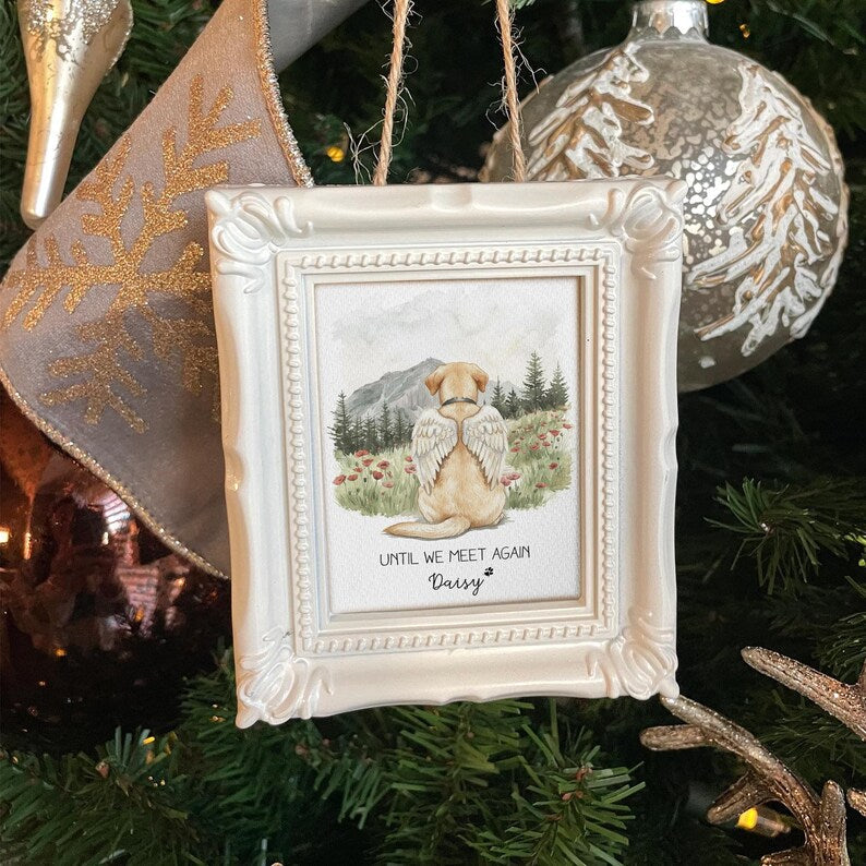 Personalized Dog Memorial Christmas Ornament, a unique dog memorial gift and treasured watercolor Christmas ornament for dog owners.