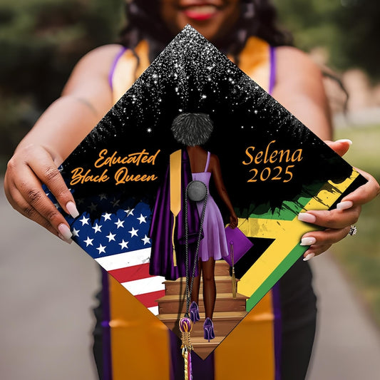 Personalized Educated Black Queen Graduation Cap Topper for Class of 2026, a bold and empowering gift.