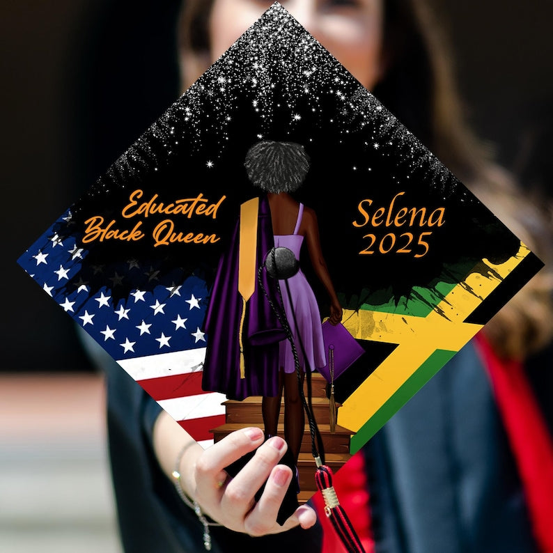This custom African American graduation cap topper celebrates excellence with a stylish royal design.
