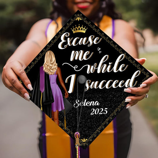 Personalized 'Excuse Me While I Succeed' Grad Cap Topper for Class of 2026, an empowering graduation gift.