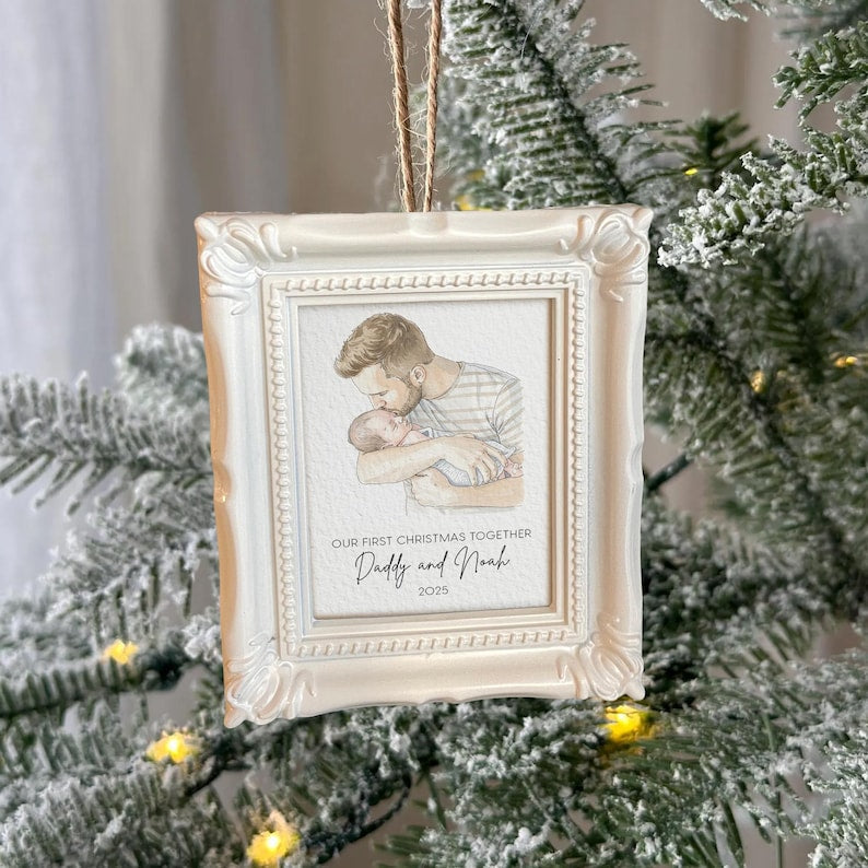 A Personalized First Christmas As Dad Frame Ornament, a unique new dad ornament and perfect gift for new dads.