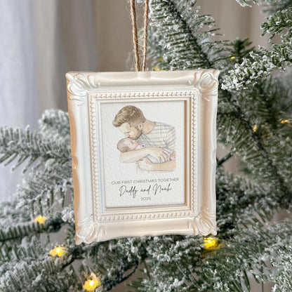 A Personalized First Christmas As Dad Frame Ornament, a unique new dad ornament and perfect gift for new dads.