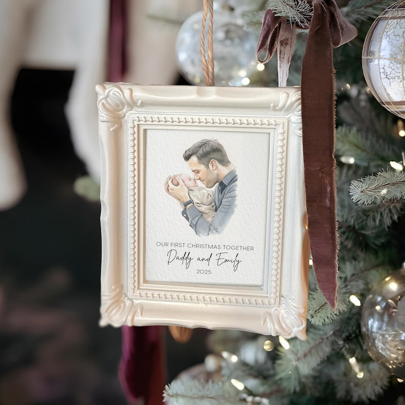 This photo frame ornament, a Personalized First Christmas As Dad Frame Ornament, is a cherished ornament for husband.