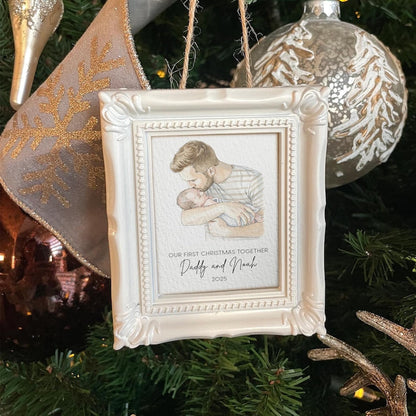 The ideal gifts for husband, this Personalized First Christmas As Dad Frame Ornament is a beautiful new dad ornament.