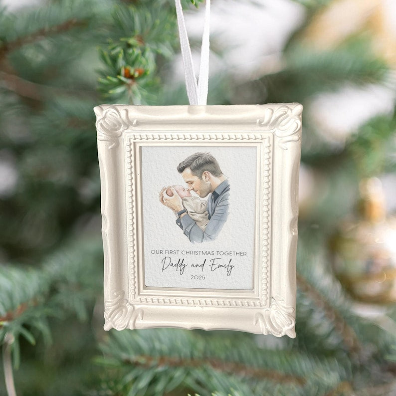 A thoughtful ornament for husband and photo frame ornament, the Personalized First Christmas As Dad Frame Ornament is a great gift for new dads.