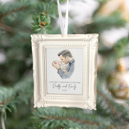 A thoughtful ornament for husband and photo frame ornament, the Personalized First Christmas As Dad Frame Ornament is a great gift for new dads.