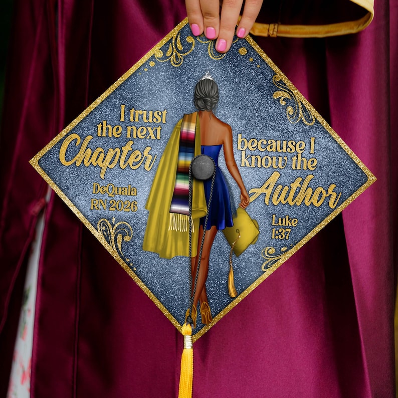 This custom Christian grad cap topper features an inspiring scripture for faith-based celebrations.