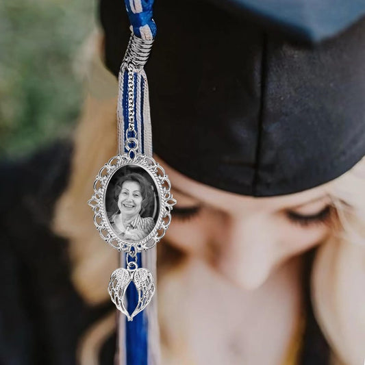 Personalized Graduation Tassel Photo Charm with Angel Wings for Class of 2026, a touching memorial gift.