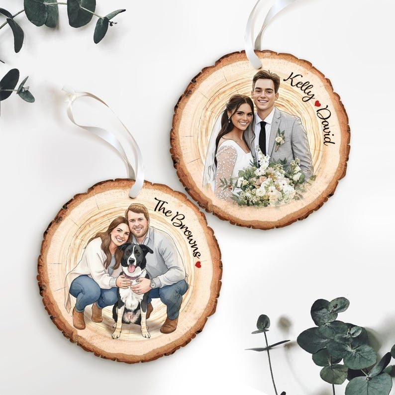An elegant Personalized Hand-Painted Family Portrait Ornament, a custom hand painted keepsake and personalized christmas ornament.