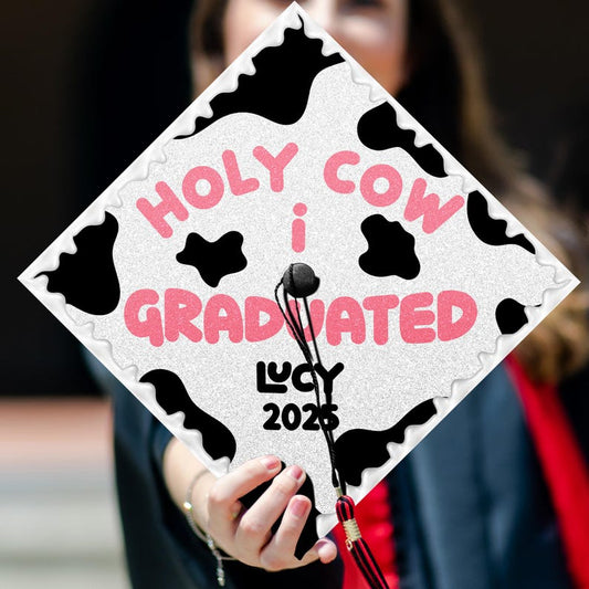 Personalized Holy Cow I Graduated Grad Cap Topper for Class of 2026, a funny and unique personalized graduation gift.