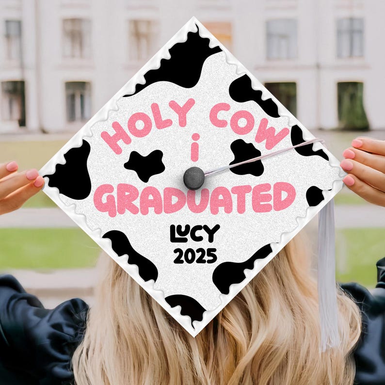 Creative cow print grad cap decorations, serving as a humorous and eye-catching graduation cap decoration.