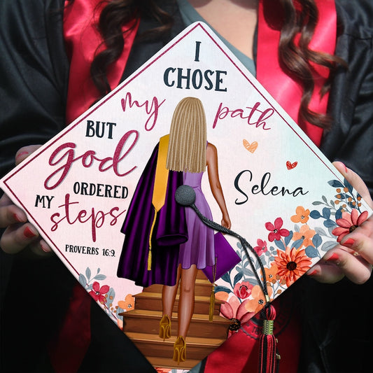 Personalized 'I Chose My Path But God Ordered My Steps' Grad Cap Topper for Class of 2026, a divine gift.