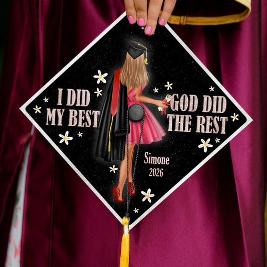 Personalized 'I Did My Best God Did The Rest' Grad Cap Topper for Class of 2026, a meaningful gift.