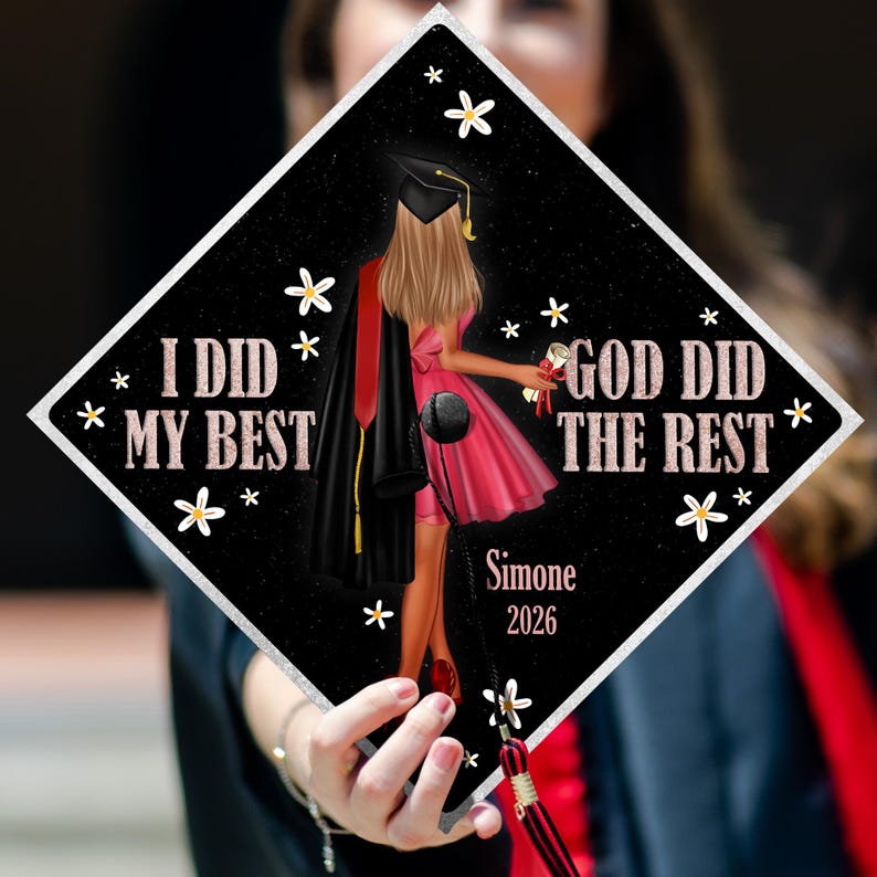 This custom Bible verse graduation cap topper features an inspiring Christian message for graduates.