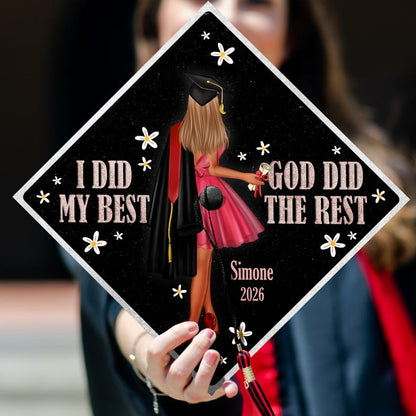 This custom Bible verse graduation cap topper features an inspiring Christian message for graduates.