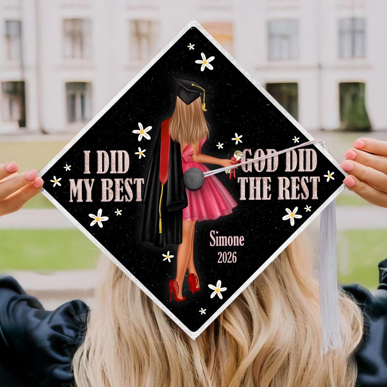 Beautifully designed religious grad cap topper, offering a unique and personal touch to your attire.