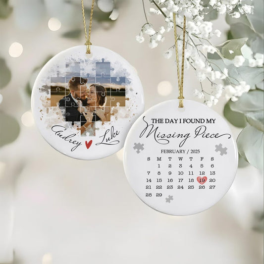 A Personalized I Found My Missing Piece Ceramic Ornament, a unique engagement ornament and wedding keepsake.