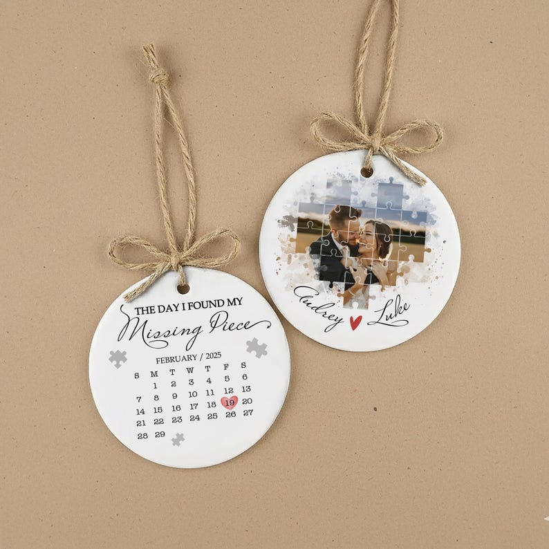 An elegant first Christmas engaged ornament, the Personalized I Found My Missing Piece Ceramic Ornament is a cherished wedding ornament.