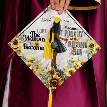 Personalized 'I Love the Woman I've Become' Grad Cap Topper for Class of 2026, an empowering graduation gift.