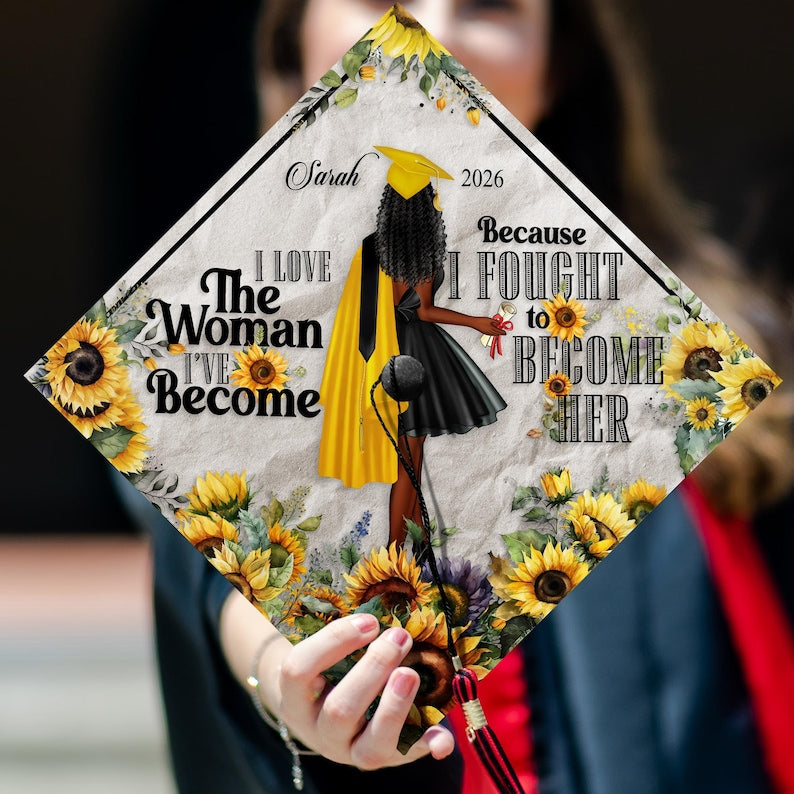 This custom sunflower grad cap topper features a vibrant floral design, making it a standout grad cap decoration.