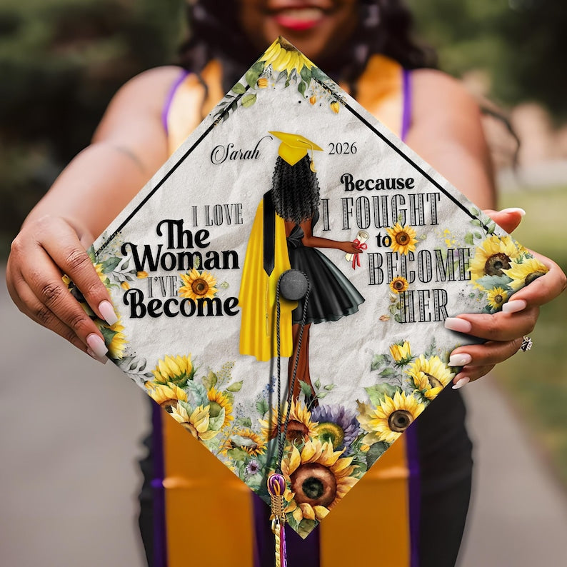 A premium 'I Love the Woman I've Become' grad topper, offering a lasting memento for your big milestone.