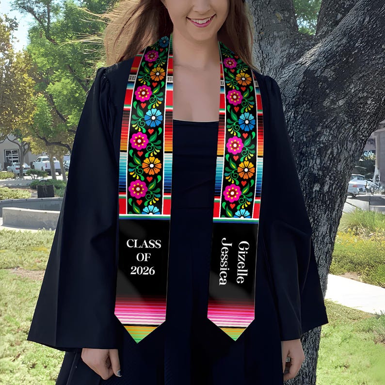 This custom Latina graduation sash features traditional sarape patterns for a proud cultural celebration.